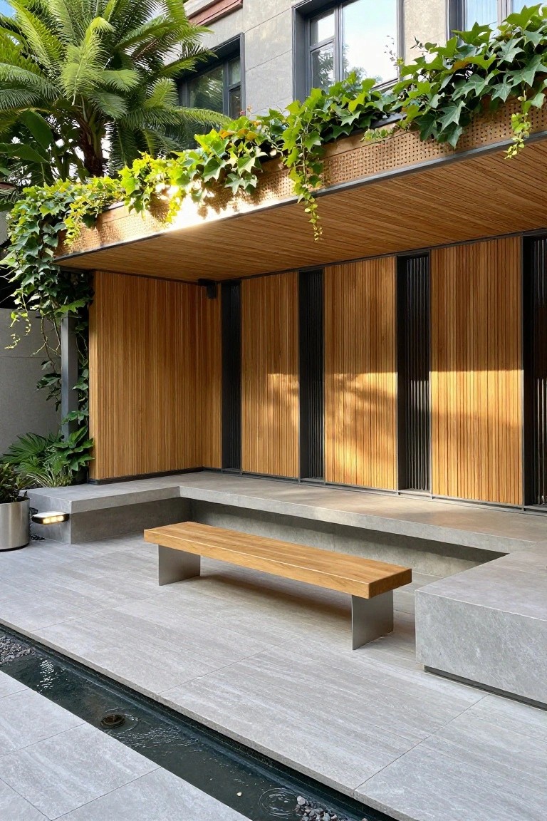 Outdoor courtyard with gray concrete bench and platform, vertical wood slat screen wall, hanging ivy, and a narrow water channel in the foreground.