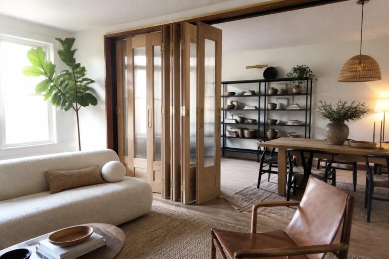 Open wooden folding doors separating a living room with a white sofa from a dining area with a wooden table and black shelving.