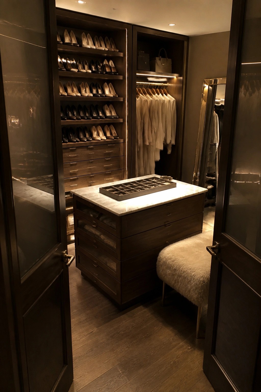 Open dark wood folding doors with glass panels reveal a walk-in closet with shoe shelves, hanging clothes, and a central marble island.
