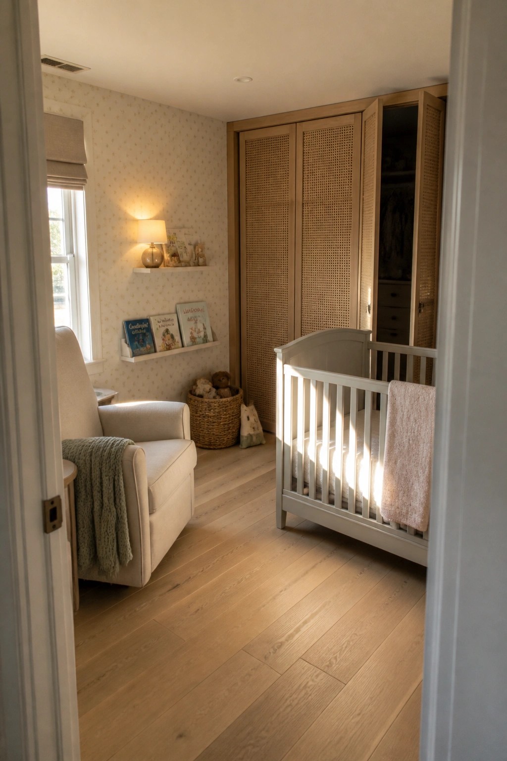 A child's room with a light wood wardrobe featuring cane folding doors next to a white crib and an upholstered armchair.