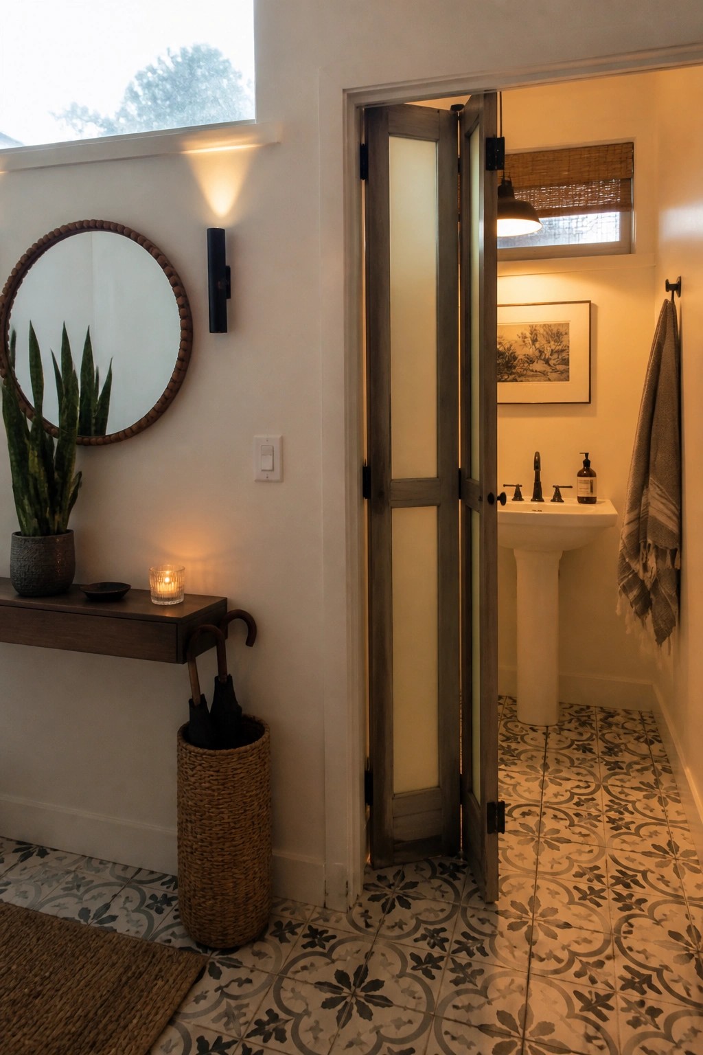 Open wooden folding doors with frosted glass panels connect a patterned tile hallway to a bathroom with a white pedestal sink.