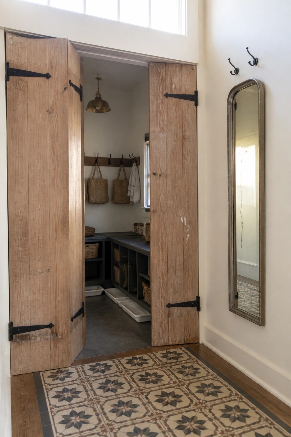 Wooden folding doors with black hardware stand open to show a mudroom with cubby storage, baskets, and wall hooks, with a tall mirror mounted on the adjacent wall.
