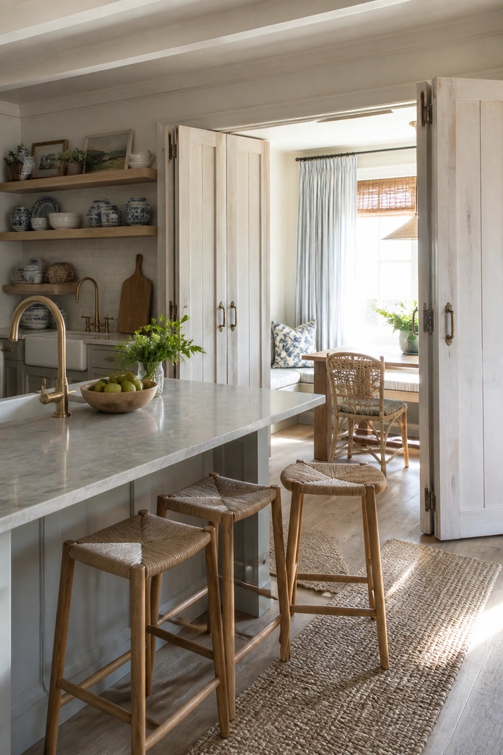 A bright kitchen with a marble island and three woven stools, open white wooden folding doors revealing a dining area with a window seat beyond.