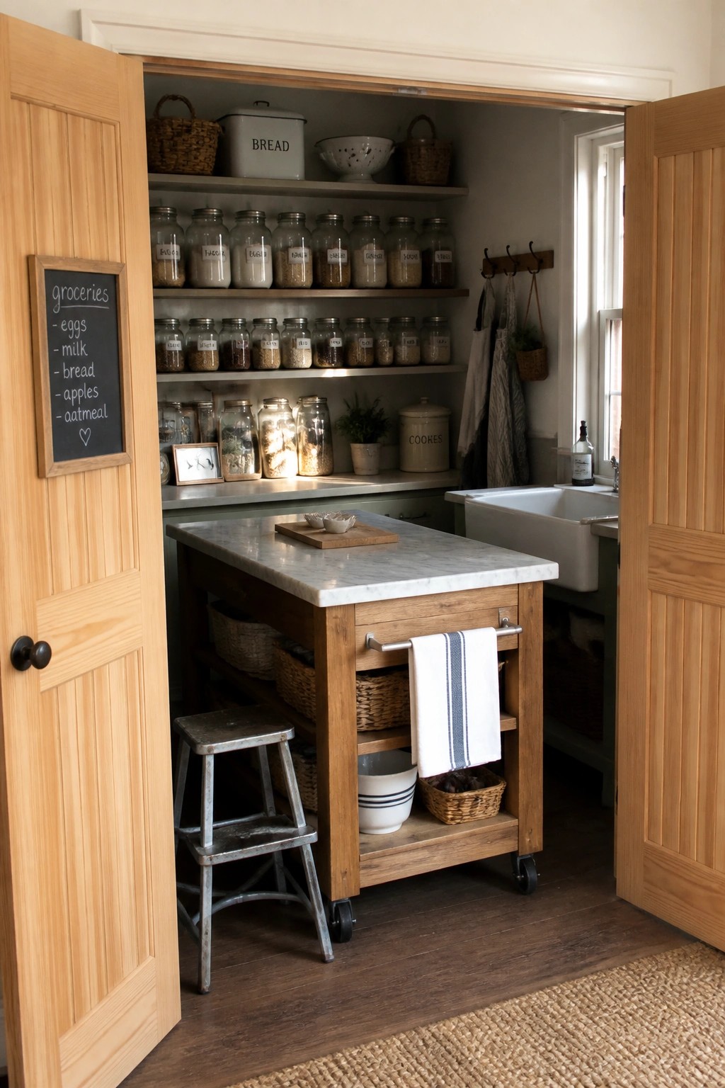 Wooden folding doors stand open to reveal a pantry with multiple shelves of labeled glass jars, baskets, and containers, with a marble-topped kitchen island and step stool in the foreground.