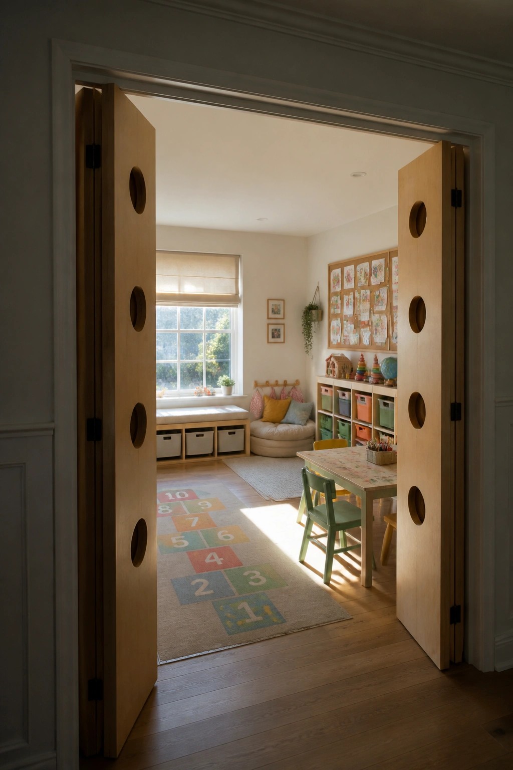 Open wooden folding doors with circular cutouts reveal a children's playroom with a hopscotch rug, small table and chairs, and storage shelves along the wall.