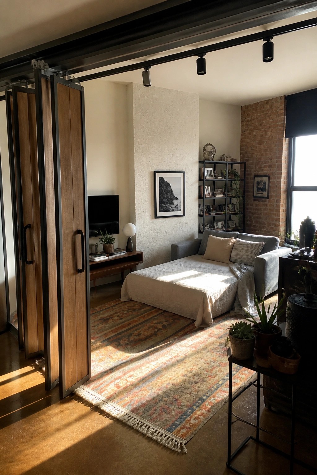An interior view showing open wooden folding doors on the left leading into a living space with a daybed, large patterned rug, black shelving unit, and brick wall on the right.