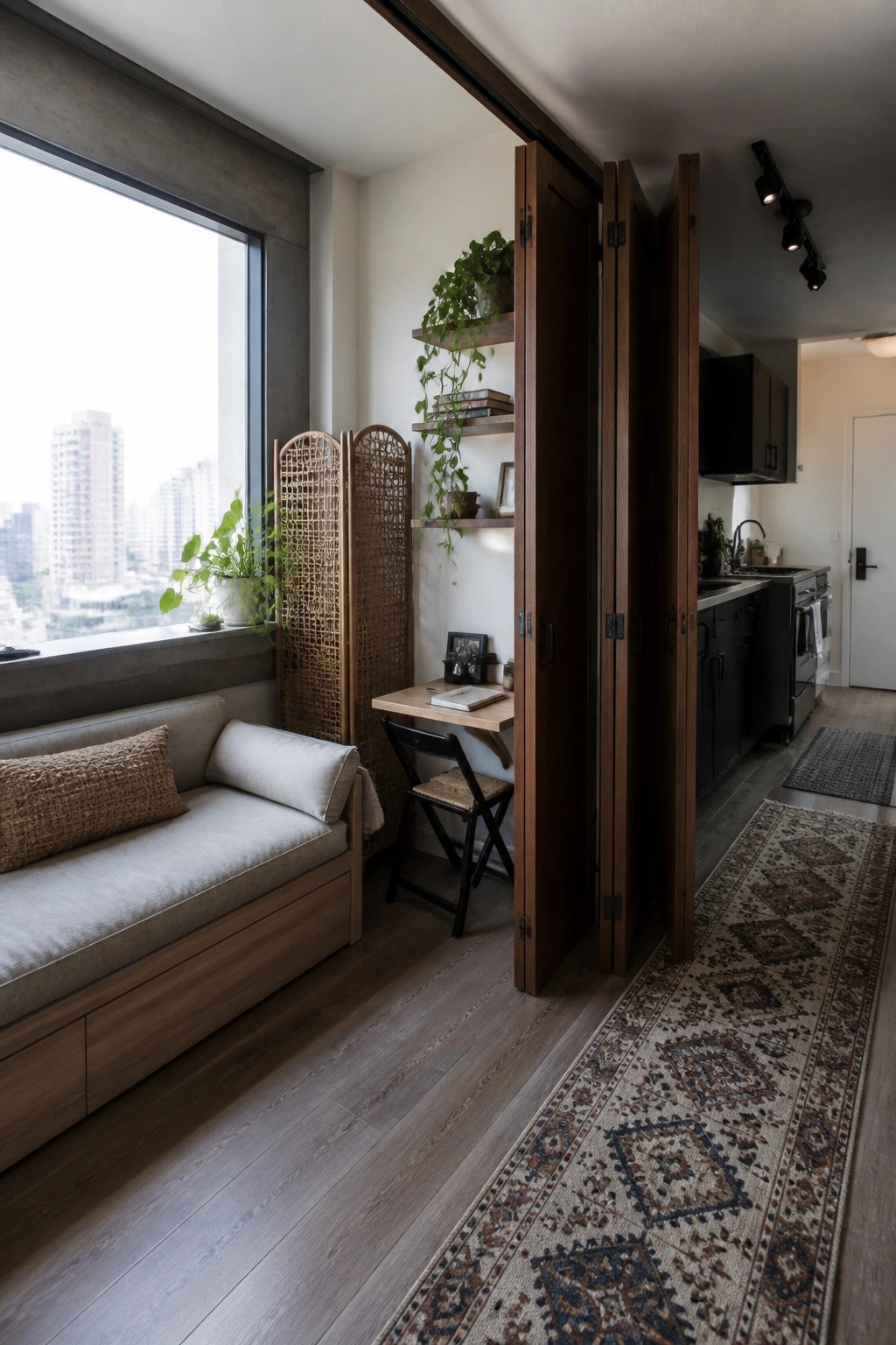 Interior view showing wooden folding doors partially open between a window seat area and a kitchen with a small desk visible.