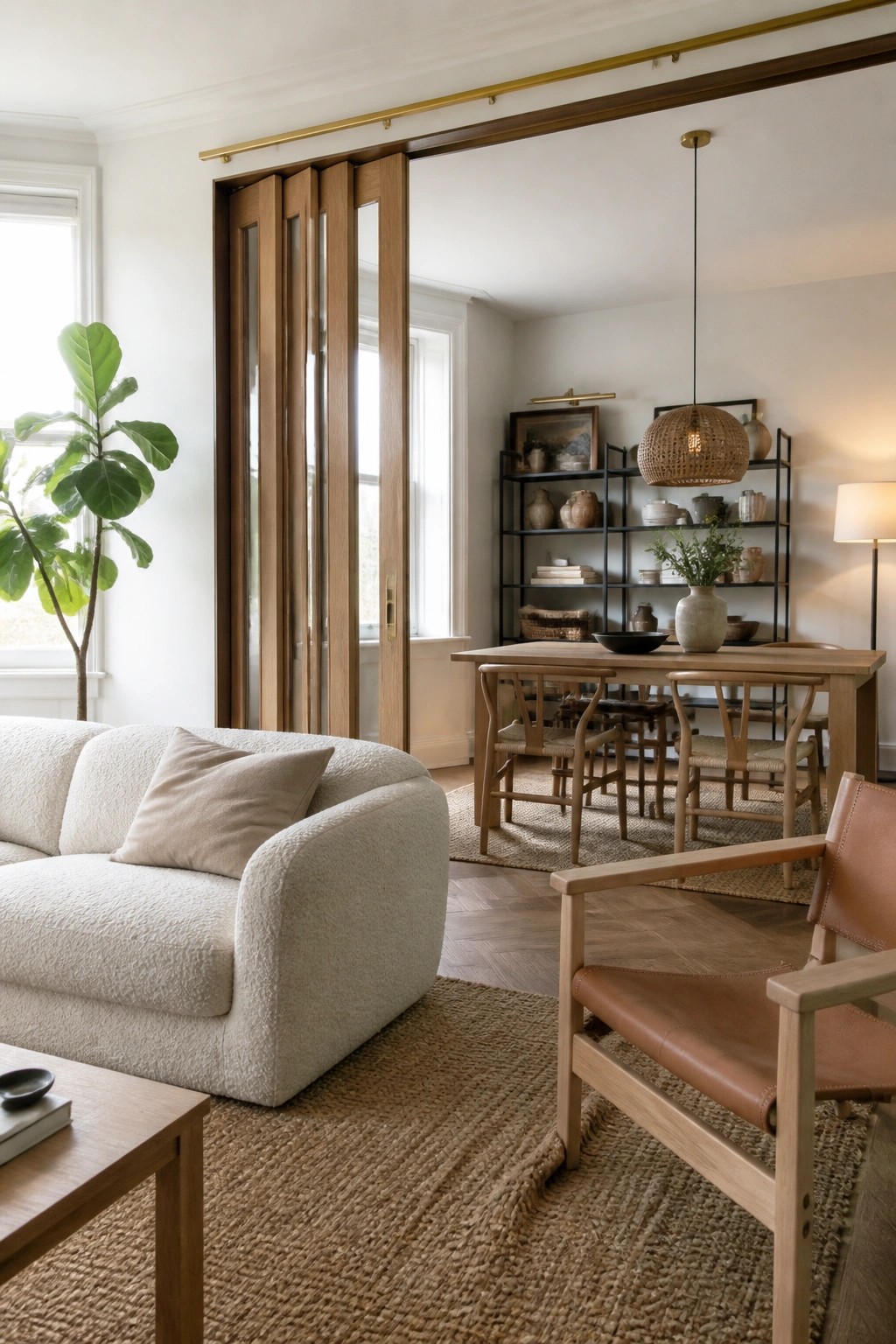 Open wooden folding doors separating a living room with a white sofa from a dining area with a wooden table and black shelving.