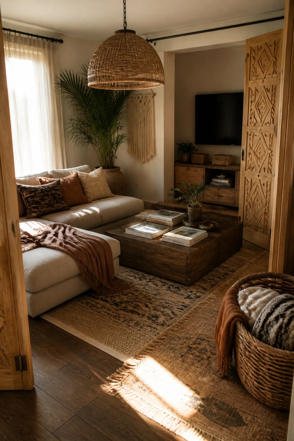 A living room with a large carved wooden sliding door partially open on a black track, showing a television and media console in the next space.