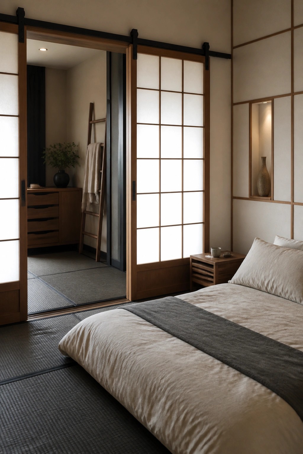 A minimalist bedroom with tatami flooring and large wooden sliding doors partially open to reveal an adjacent room with a wooden cabinet and ladder.