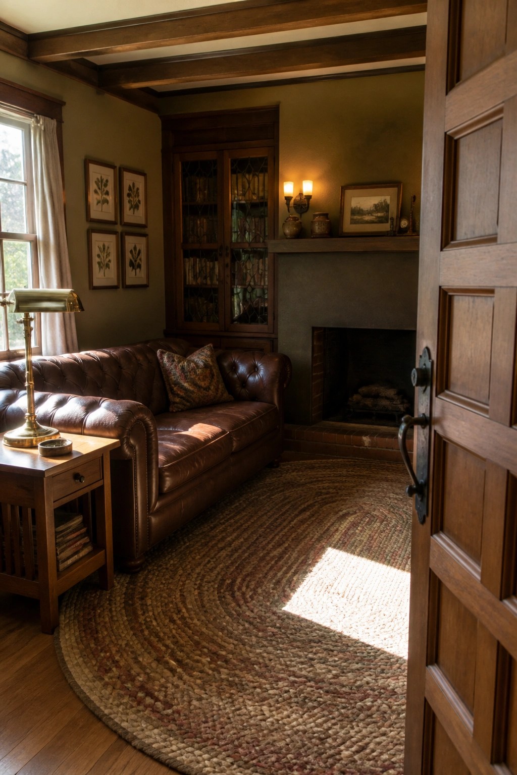 An open dark wood door reveals a living room with a brown leather sofa, stone fireplace, wooden bookcase, and round braided rug on hardwood floors.