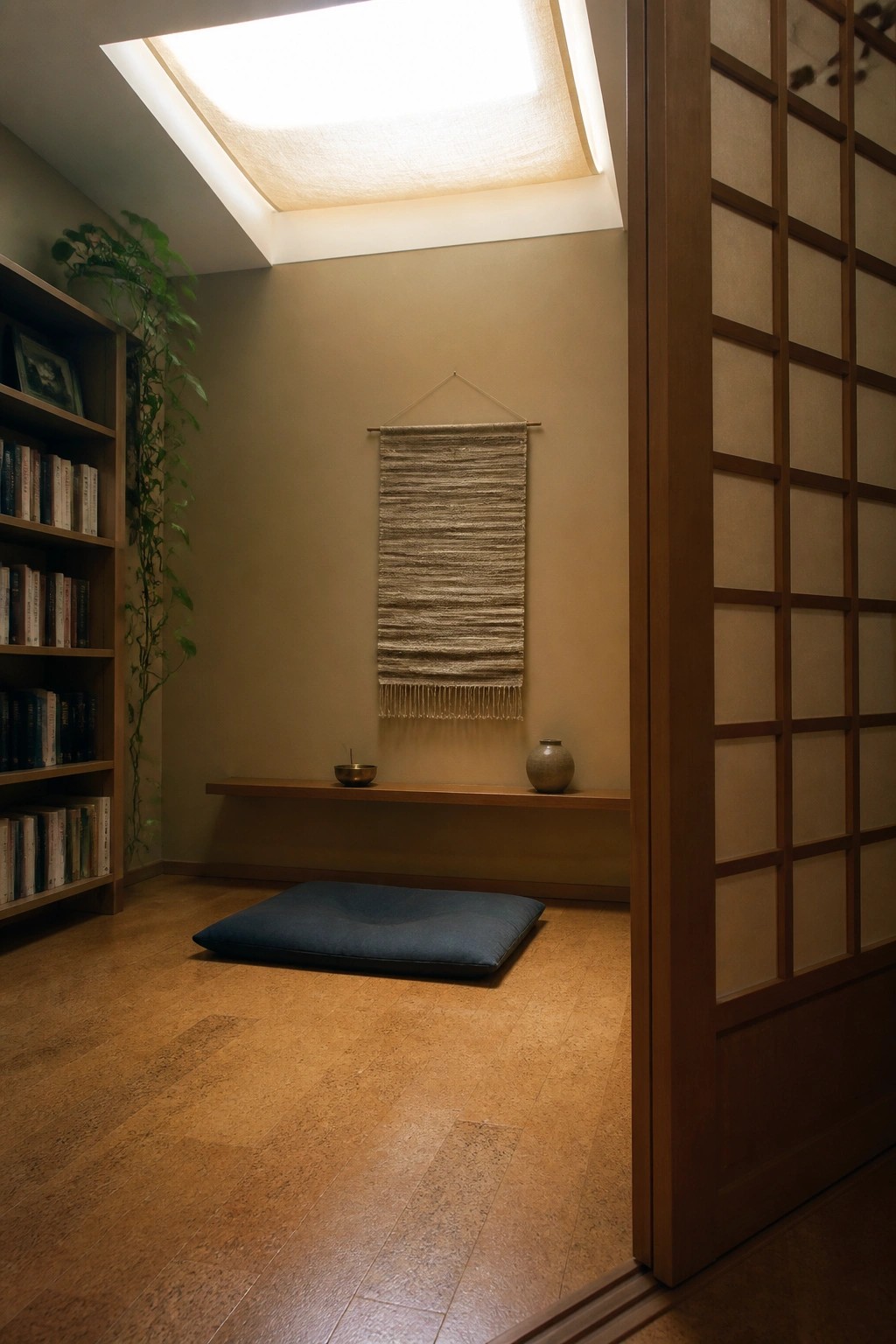 Interior view of a calm room with a blue floor cushion, low wooden shelf, woven wall hanging, and a wooden grid sliding door on the right side.