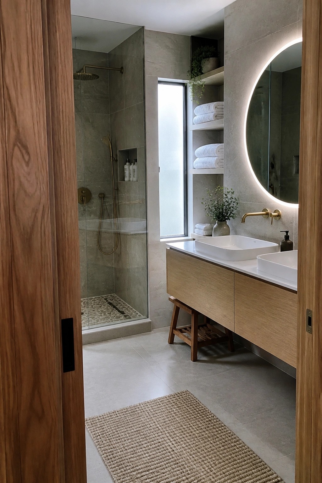 A modern bathroom interior viewed through open wooden folding doors, featuring a glass shower on the left and a light wood vanity with white sinks on the right.