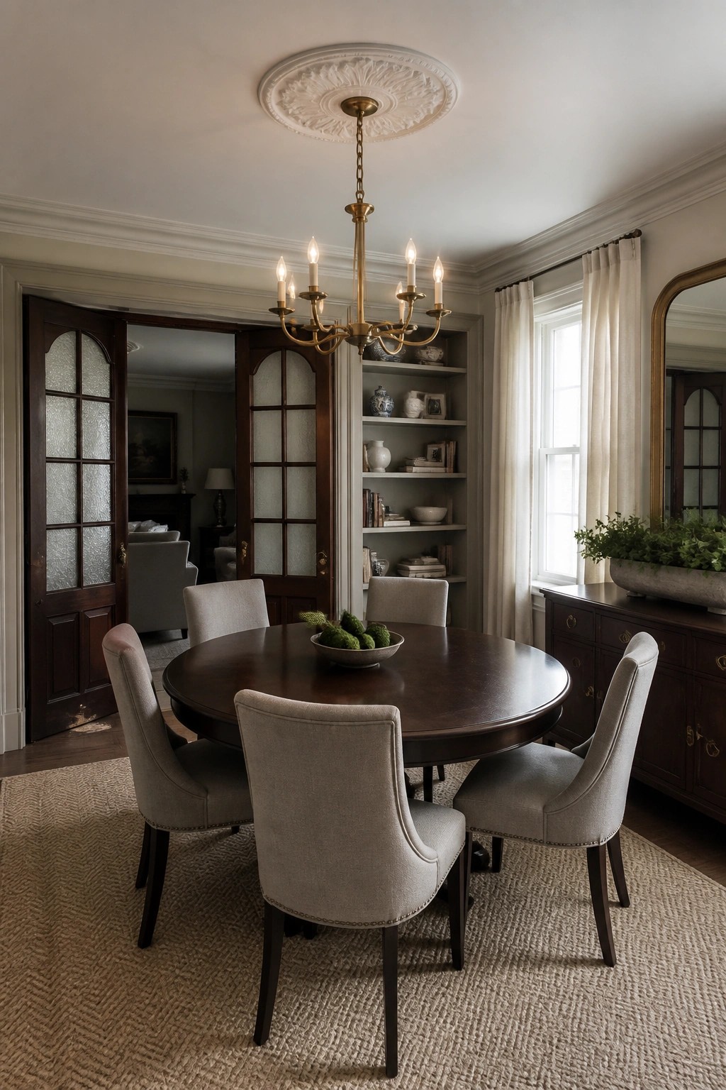 Round dark wood table with six gray upholstered chairs beneath brass chandelier in elegant dining room