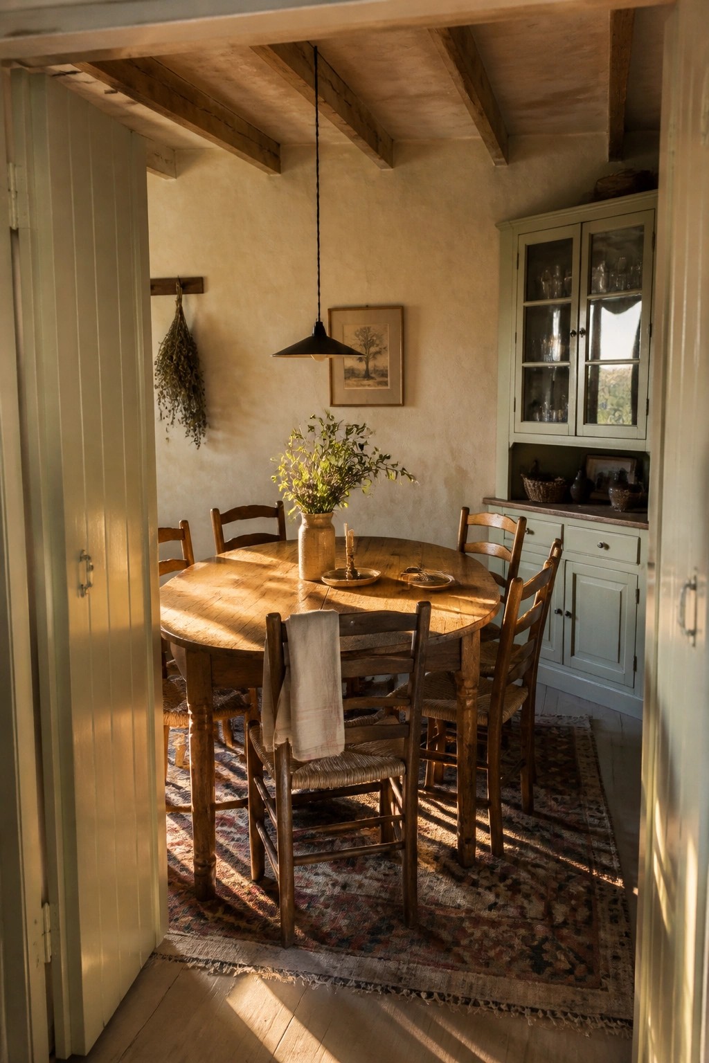 A dining room with a round wooden table and chairs viewed through open light-colored paneled folding doors on both sides.