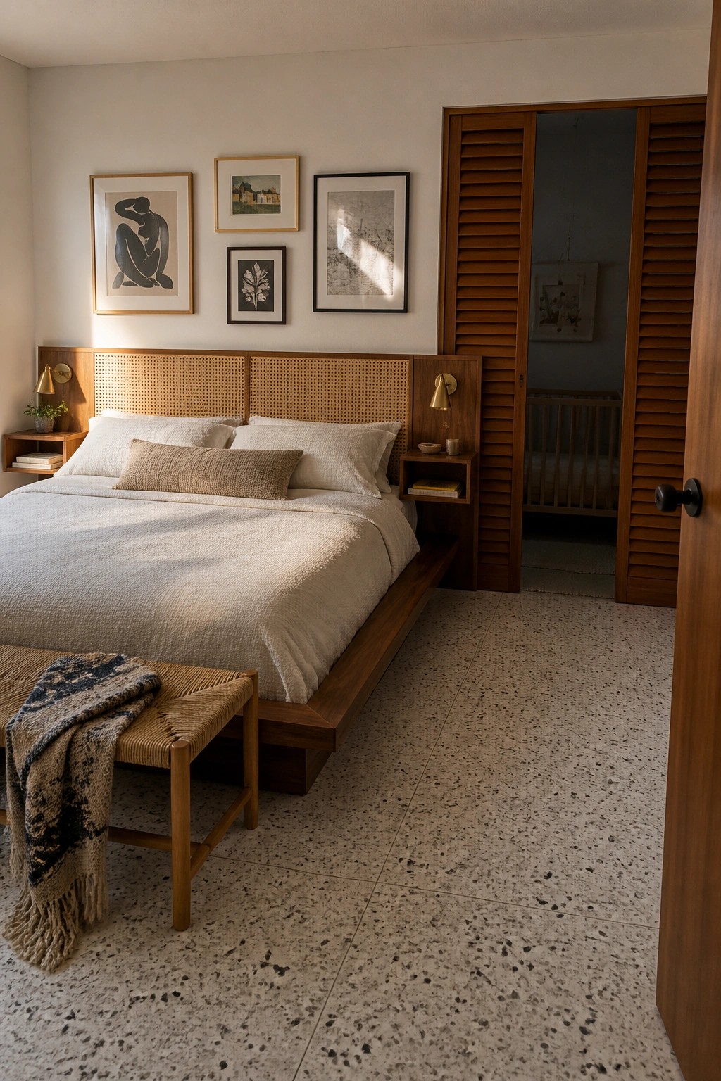 Modern bedroom with cane headboard, white bedding, woven bench, and open doors to crib.
