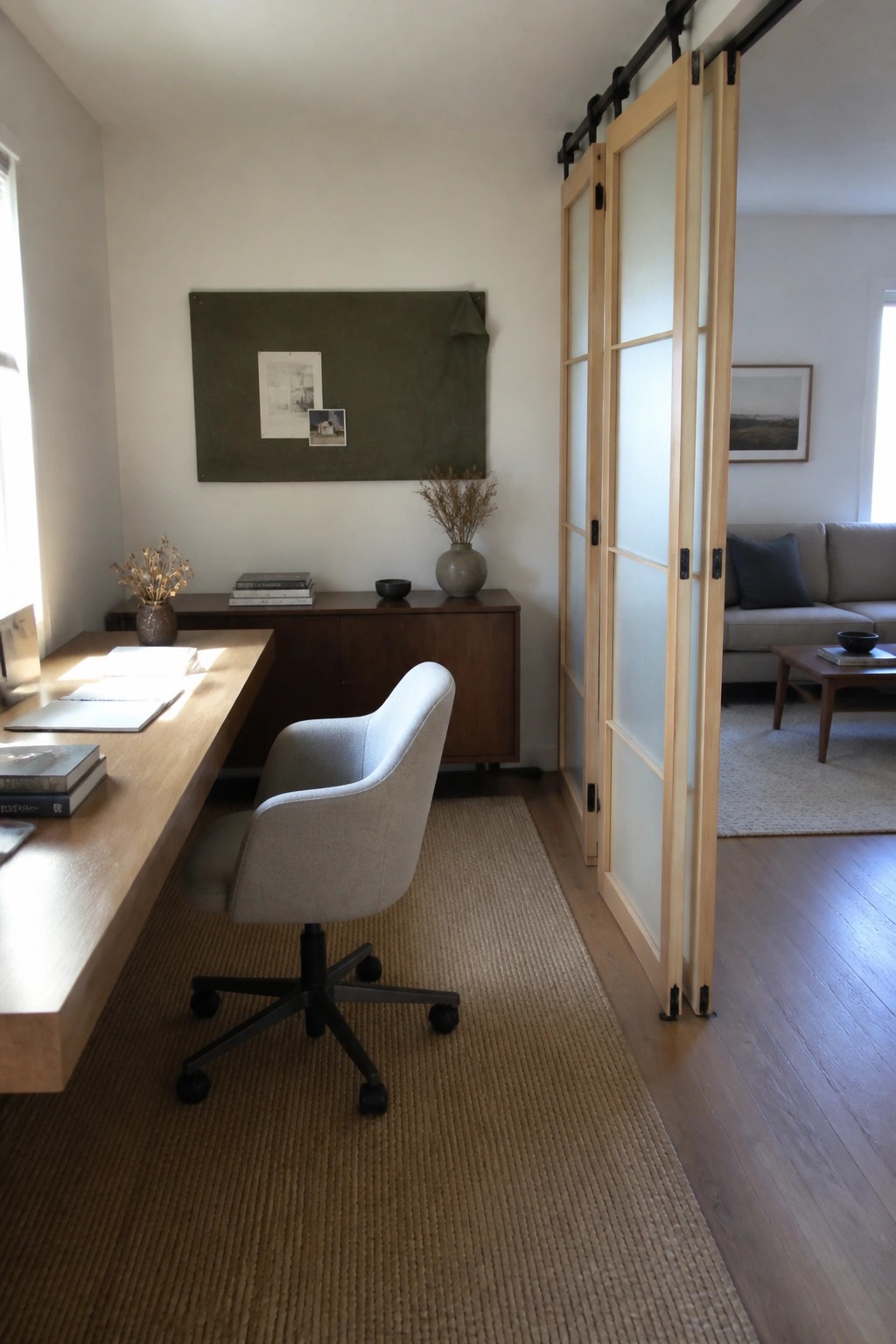 A home office with a wooden desk and gray swivel chair next to open wooden sliding doors with frosted glass panels that lead into a living room.
