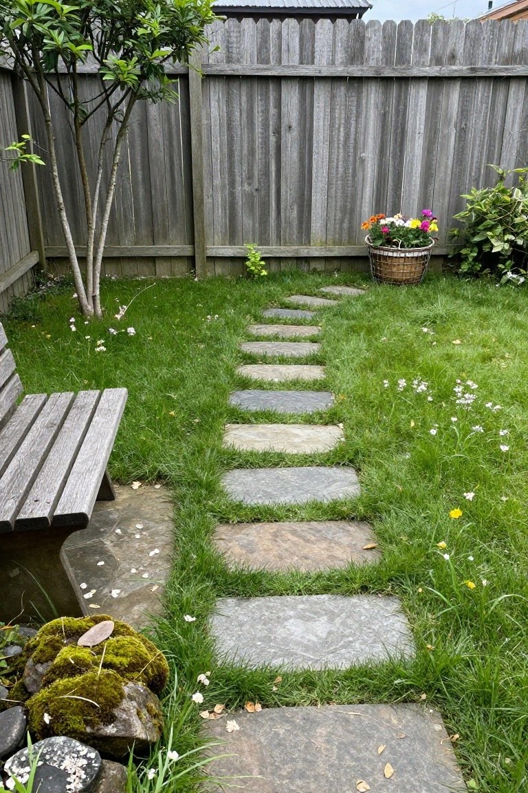 Winding stone path through lush green lawn with bench, flowers, and fence