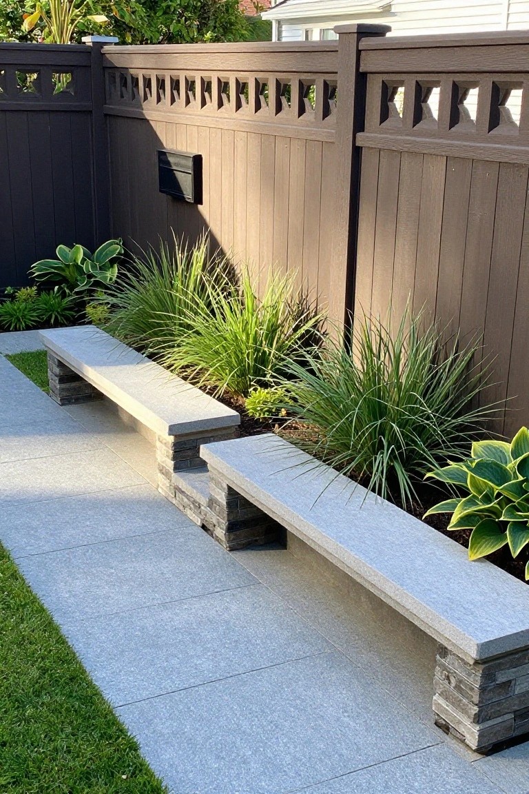 Gray concrete bench on stacked stone supports beside garden and wooden fence