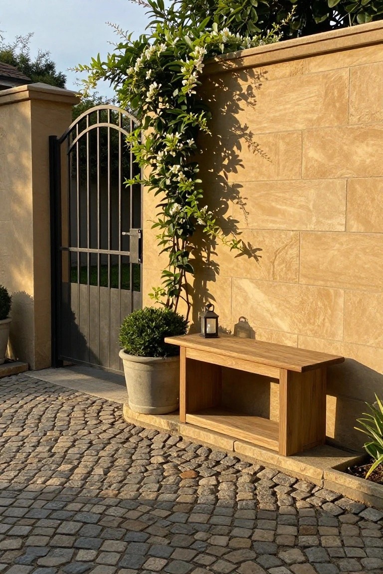 Wooden bench with lantern against vine-covered stone wall near metal gate on cobblestones