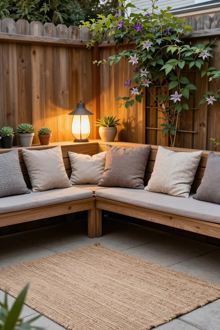 Wooden corner bench with neutral cushions, glowing lantern, potted plants, and woven rug