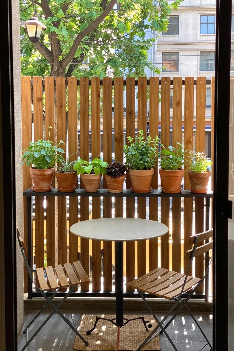 Sunny balcony with round table, wooden chairs, rug, and potted plants on shelf