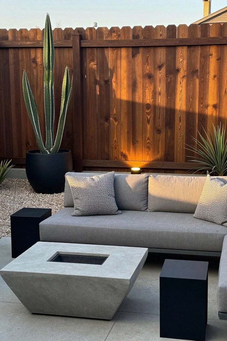 An outdoor patio with a gray sectional sofa, concrete fire pit table, black side tables, and large potted plants in front of a tall cedar wood fence.