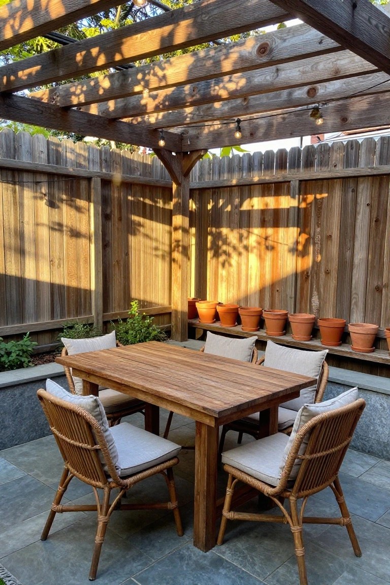 A wooden outdoor dining table with four wicker chairs sits on a stone patio beneath a pergola, backed by a tall cedar fence with terracotta pots lined along a ledge.
