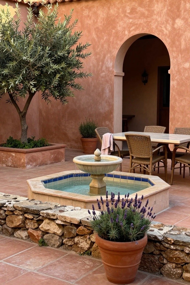 Terracotta courtyard with fountain, olive tree, wicker table, lavender pots, and stone wall
