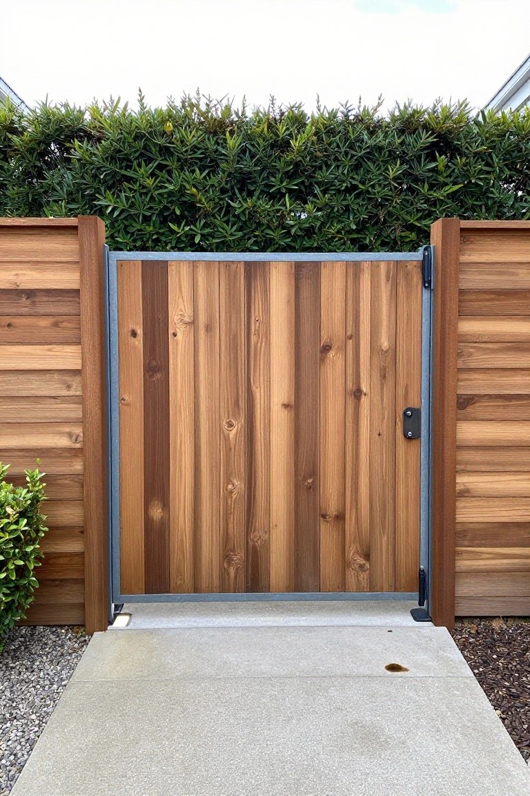 A cedar wood gate with vertical planks set in a metal frame, flanked by matching wooden fences and a tall green hedge behind it.
