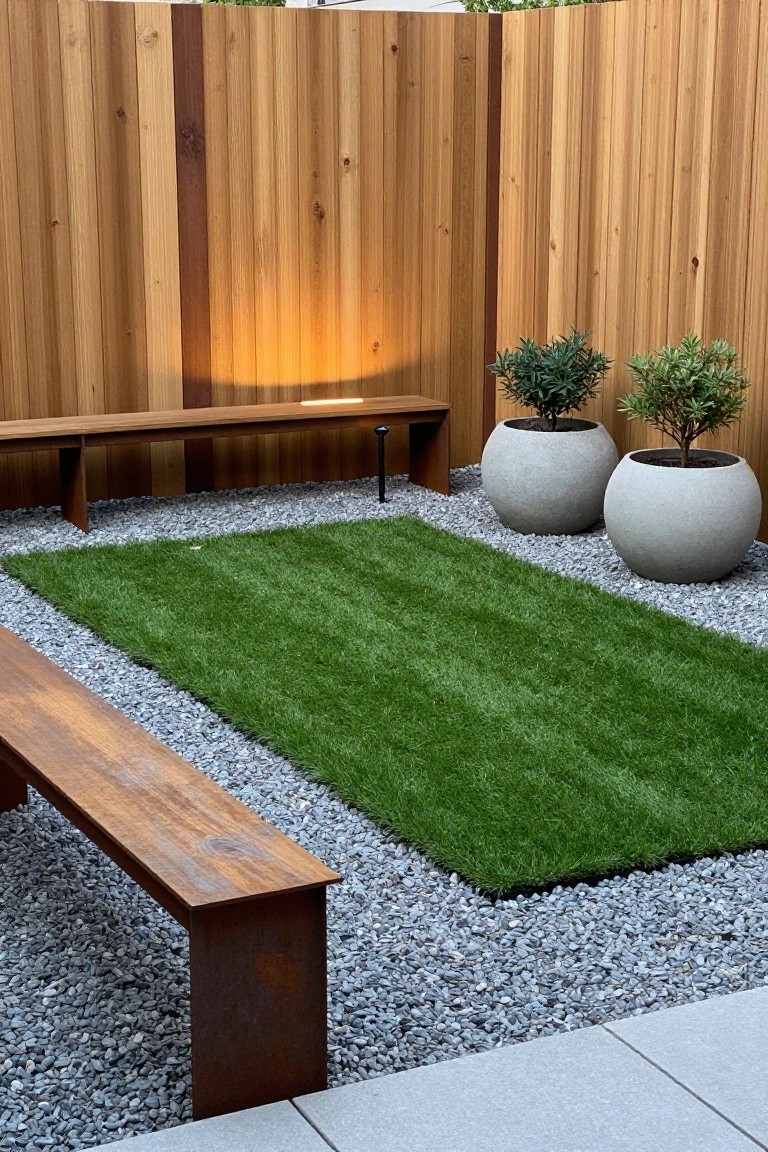 A backyard enclosed by a tall vertical cedar wood fence, with gray gravel, a rectangular patch of artificial turf, two wooden benches, and two large round planters holding small shrubs.
