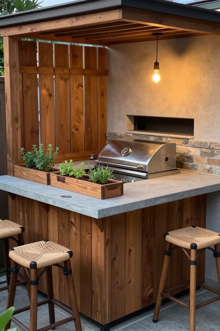 Outdoor wooden kitchen with stainless grill, herb planters, woven stools, and hanging bulb.