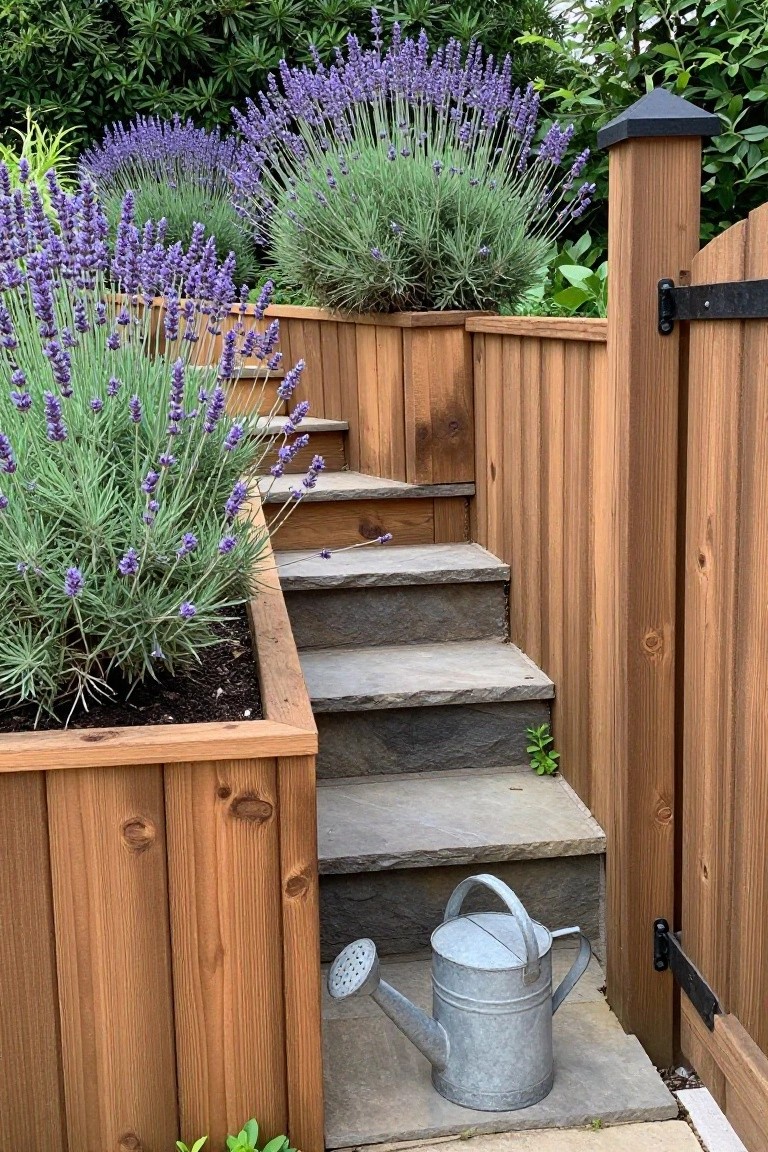 A cedar wood fence with an attached raised planter box of lavender beside stone garden steps.
