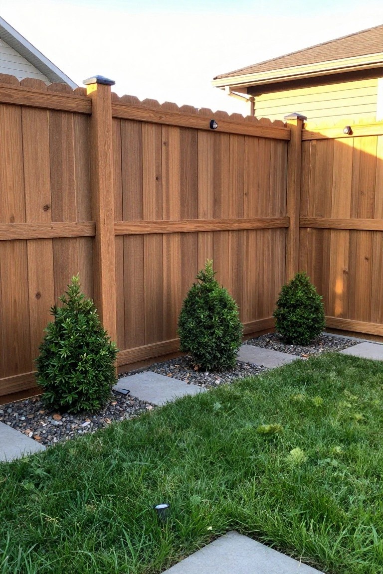 A cedar wood fence with three small evergreen shrubs set in narrow gravel beds along the bottom edge next to a lawn.