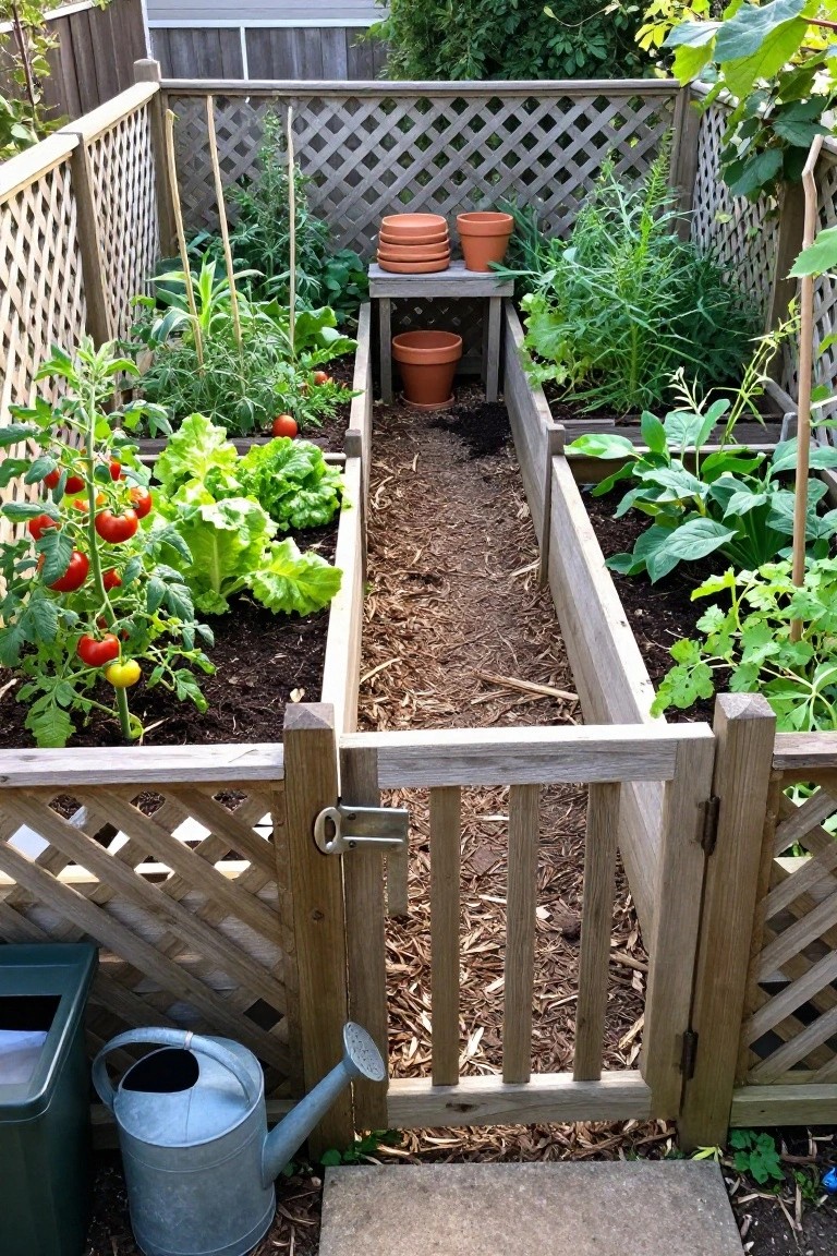 A backyard vegetable garden enclosed by cedar wood fencing and raised beds, with a wooden gate open at the front and mulch paths between the beds.