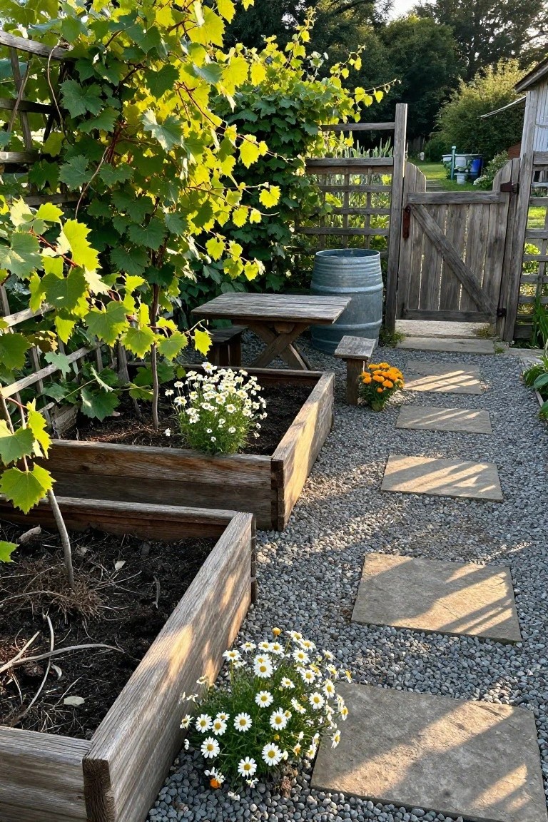 A backyard garden with wooden raised beds containing white and orange flowers, gravel paths with flat stone pavers, a wooden trellis covered in vines, and a wooden gate in the background.