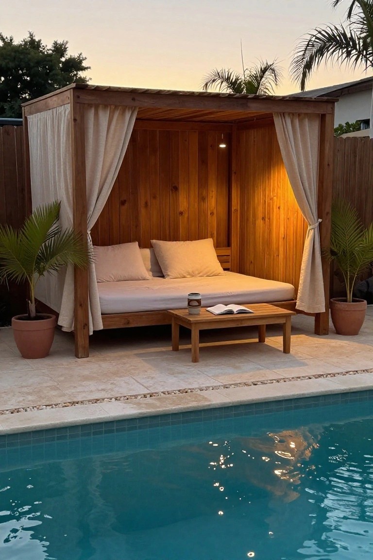 Wooden cedar structure with vertical planks and fabric curtains beside a pool, containing a daybed and small table.