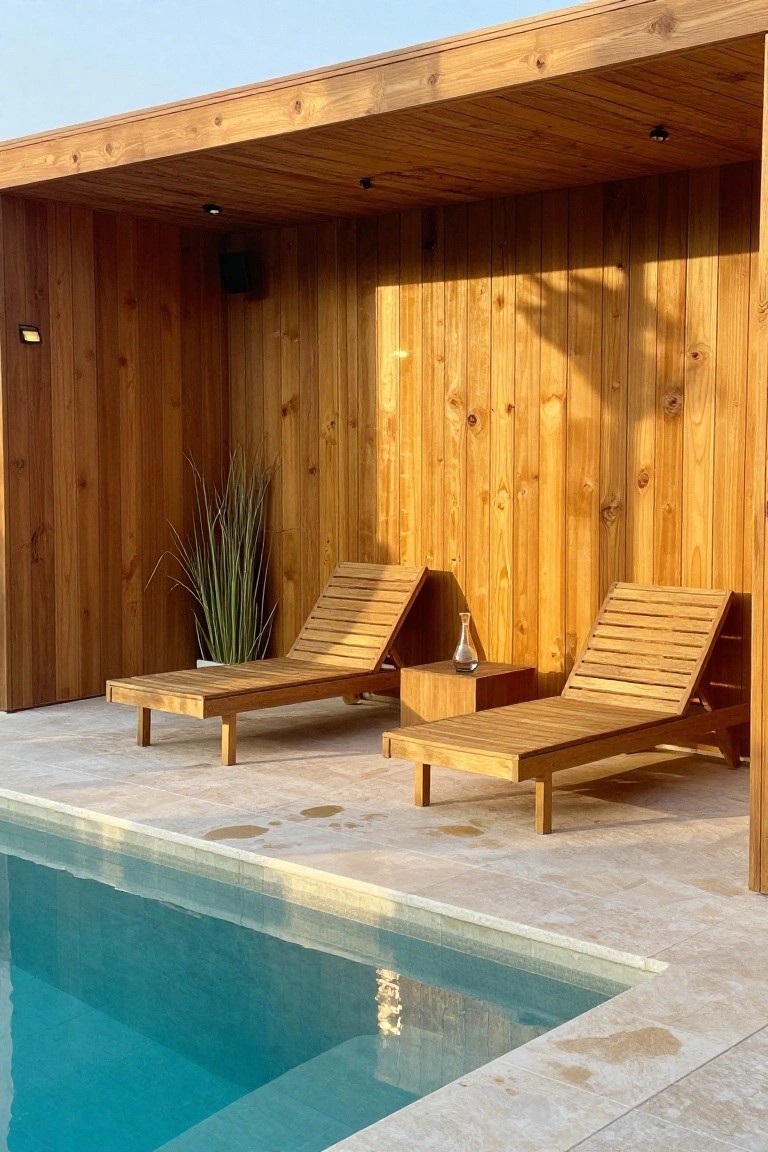 A cedar wood cabana with a flat roof and vertical plank walls shelters two lounge chairs next to a swimming pool on a stone patio.