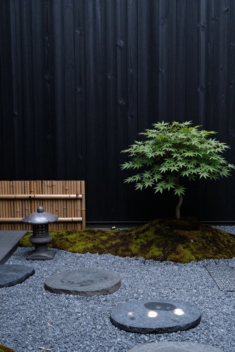 Japanese zen garden with mossy tree, stone lantern, gravel path and dark wall