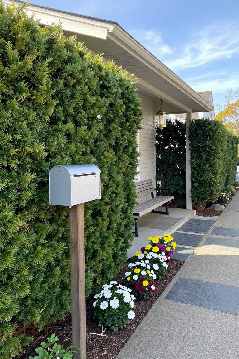 A gray mailbox on a wooden post stands in front of a tall dense green hedge beside a house porch with a bench and colorful flowers.