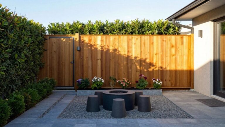 A tall cedar fence with a narrow garden bed of shrubs and flowers running along its base, bordered by gravel and a stone patio.