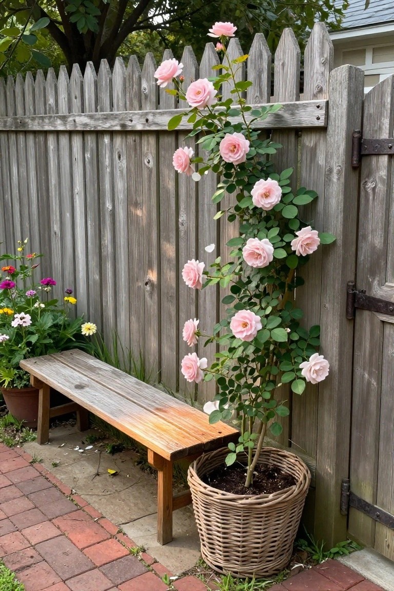 A weathered cedar fence with pink climbing roses, a wooden bench, and a potted rose bush beside a brick path.