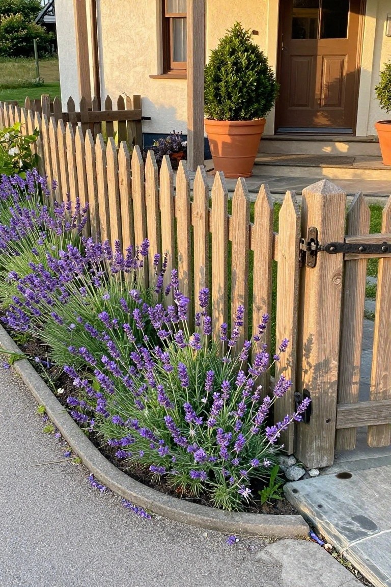Purple lavender flowers lining wooden picket fence by house entrance
