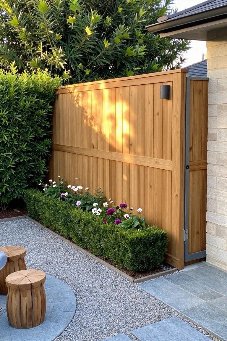 A tall cedar fence with a narrow garden bed of shrubs and flowers running along its base, bordered by gravel and a stone patio.