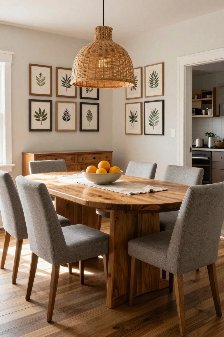 A dining room featuring a large oval wooden table with gray upholstered chairs, a wooden sideboard against the wall, and multiple framed botanical prints above it.
