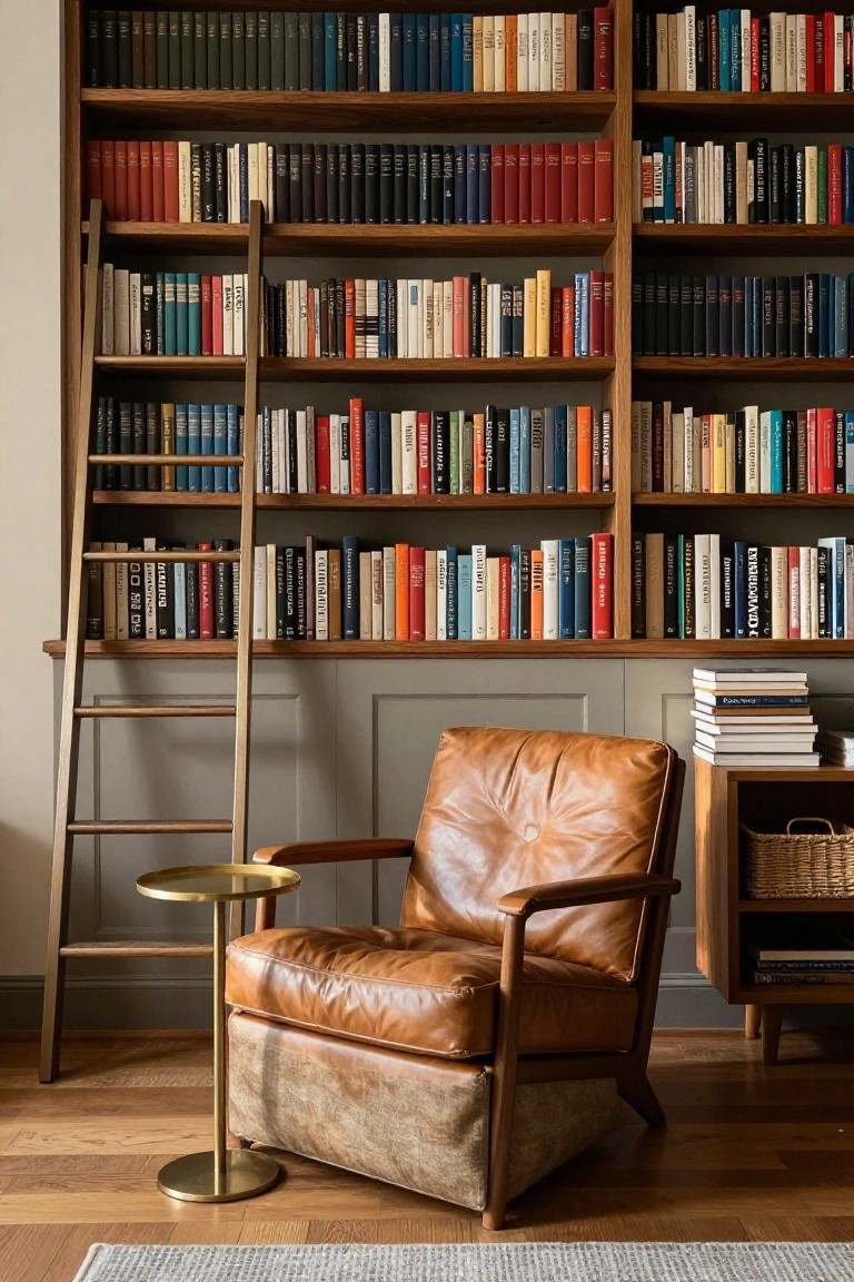 A living room corner with built-in medium wood bookshelves filled with books, a rolling ladder, a brown leather armchair, and a small brass side table.