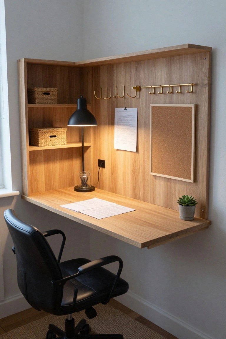 A light wood built-in desk with shelves, hooks, a corkboard, and papers on the surface, plus a black office chair in front.