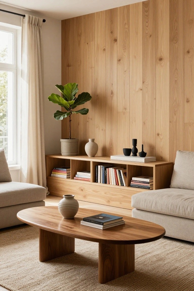 A living room interior showing a light wood accent wall with a built-in low shelf unit holding books and decorative objects, a fiddle leaf fig plant, and a wooden coffee table in the foreground.