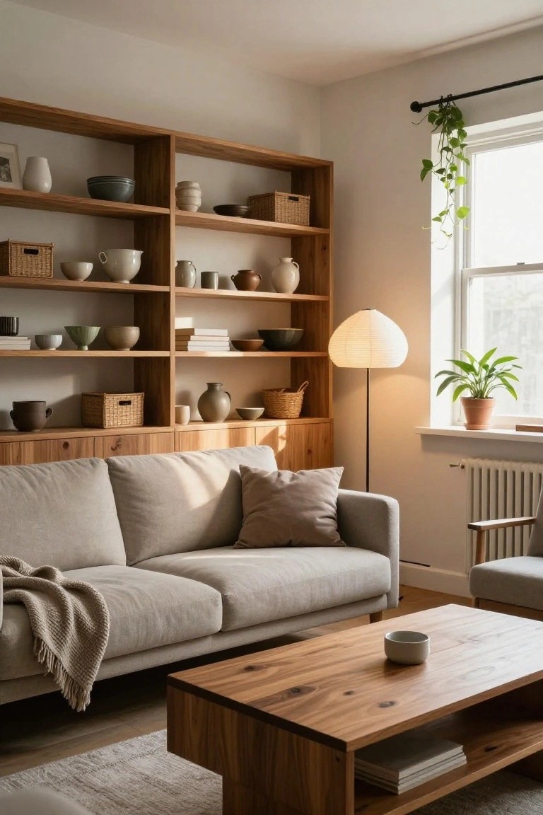 A living room with a large built-in wooden shelving unit spanning the wall behind a light gray sofa and wooden coffee table.