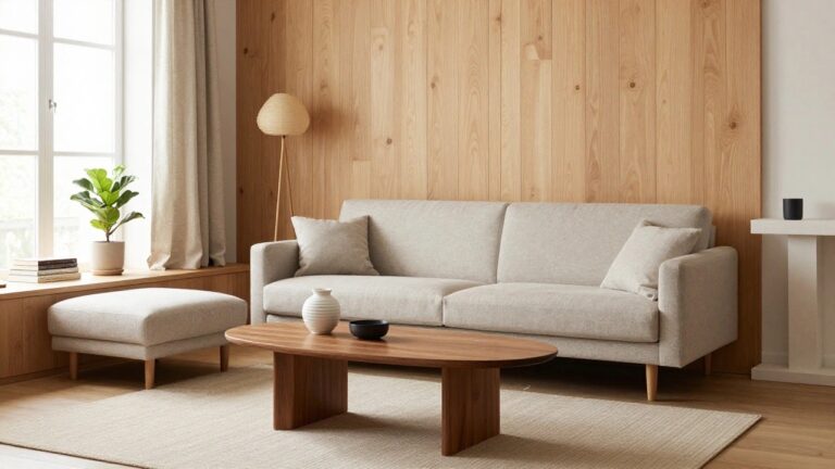 22 Refined Natural Wood Accent Wall Ideas in Light and Medium Wood Tones A living room interior showing a light wood accent wall with a built-in low shelf unit holding books and decorative objects, a fiddle leaf fig plant, and a wooden coffee table in the foreground.